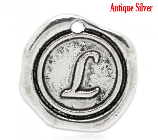 Picture of Zinc Based Alloy Wax Seal Charms Round Antique Silver Initial Alphabet/ Letter "L" Carved 18mm x18mm( 6/8" x 6/8"), 30 PCs