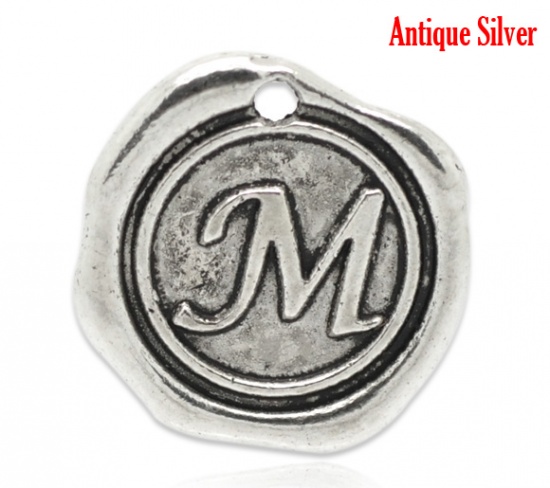Picture of Zinc Based Alloy Wax Seal Charms Round Antique Silver Initial Alphabet/ Letter "M" Carved 18mm x18mm( 6/8" x 6/8"), 30 PCs