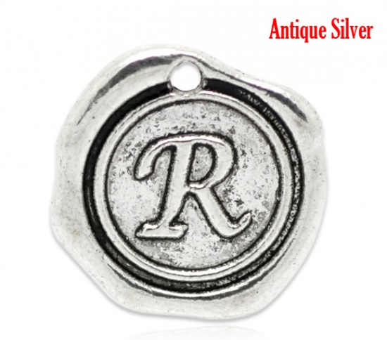 Picture of Zinc Based Alloy Wax Seal Charms Round Antique Silver Initial Alphabet/ Letter "R" Carved 18mm x18mm( 6/8" x 6/8"), 30 PCs