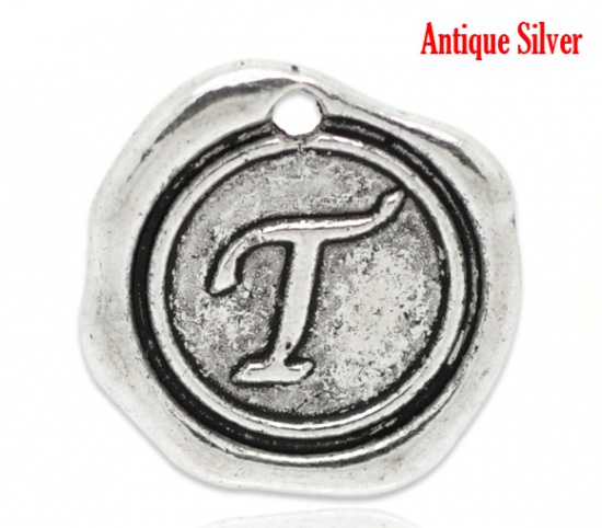 Picture of Zinc Based Alloy Wax Seal Charms Round Antique Silver Initial Alphabet/ Letter "T" Carved 18mm x18mm( 6/8" x 6/8"), 30 PCs