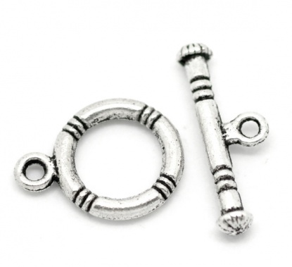 Picture of Zinc Based Alloy Toggle Clasps Round Antique Silver Stripe Carved 16mm x 12mm 20mm x 7mm, 40 Sets