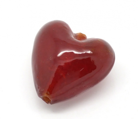 Picture of Lampwork Glass Beads Heart Dark Red Foil About 20mm x 20mm, Hole: Approx 1.8mm - 1.5mm, 10 PCs