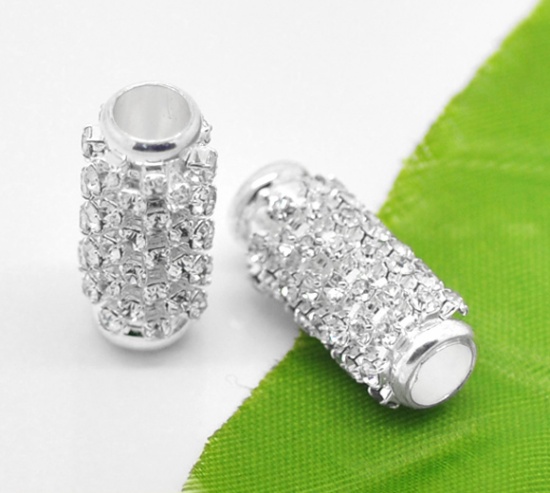 Picture of Zinc Based Alloy European Style Large Hole Charm Beads Silver Plated Cylinder Clear Rhinestone 23mm x 10mm, Hole: Approx 5.5mm, 5 PCs