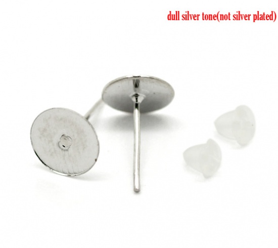 Picture of Iron Based Alloy Ear Post Stud Earrings Findings Round Silver Tone Cabochon Settings (Fits 8mm Dia) 12mm( 4/8") x 8mm( 3/8"), Post/ Wire Size: (20 gauge), 500 PCs
