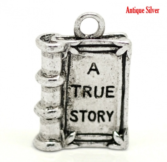Picture of Graduation Jewelry Zinc Based Alloy Charms Book Antique Silver Message " A TRUE STORY " Carved 18mm( 6/8") x 12mm( 4/8"), 20 PCs