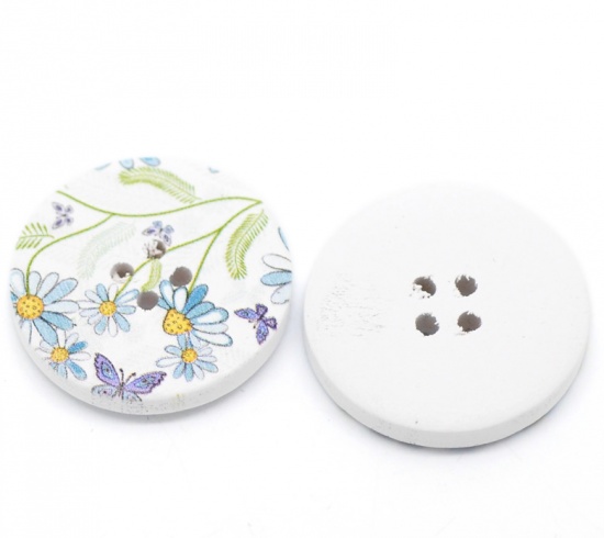 Picture of Wood Sewing Buttons Scrapbooking 4 Holes Round Multicolor Flower Butterfly Pattern 30mm(1 1/8") Dia, 30 PCs