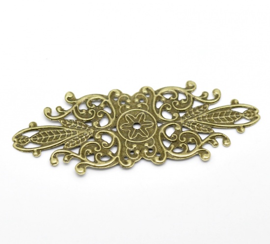 Picture of Filigree Stamping Embellishments Findings Rhombus Antique Bronze Flower Hollow Pattern 8.5cm(3 3/8") x 3.4cm(1 3/8"), 6 PCs