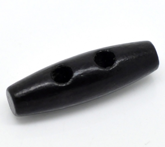Picture of Wood Sewing Toggle Buttons 2 Holes Oval Black 35mm(1 3/8") x 11mm( 3/8"), 1000 PCs