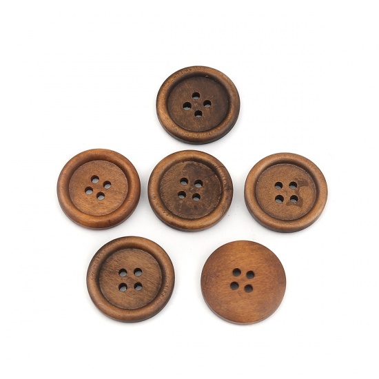 Picture of Wood Sewing Buttons Scrapbooking 4 Holes Round Light Coffee 25mm(1") Dia, 1000 PCs