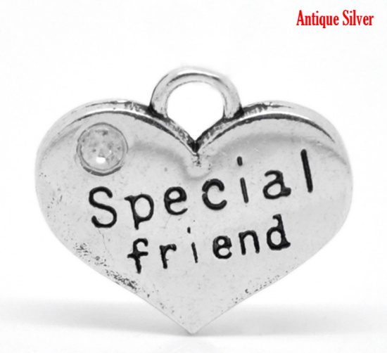 Picture of Zinc Based Alloy Charms Heart Antique Silver Message " Special friend " Carved Clear Rhinestone 16mm( 5/8") x 14mm( 4/8"), 20 PCs