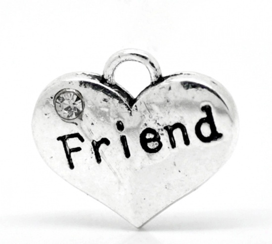 Picture of Zinc Based Alloy Charms Heart Antique Silver Message " Friend " Carved Clear Rhinestone 16mm( 5/8") x 14mm( 4/8"), 20 PCs
