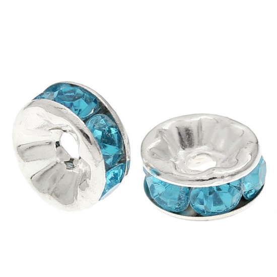 Picture of Copper Rondelle Spacer Beads Round Silver Plated Lake Blue Rhinestone About 8mm( 3/8") Dia, Hole:Approx 1.3mm, 100 PCs