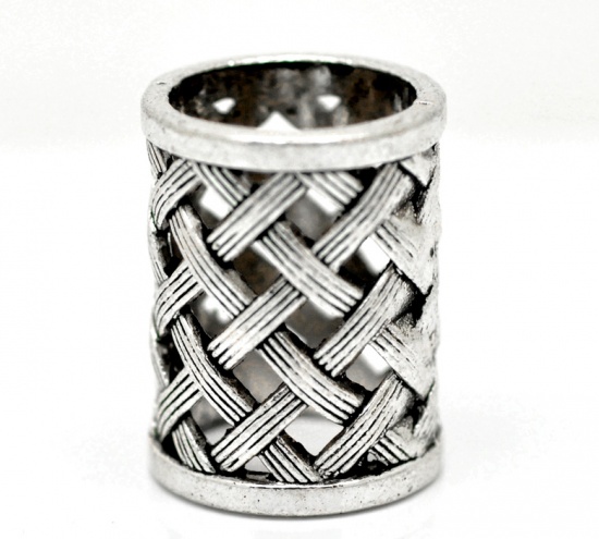 亜鉛合金 スペーサ ビーズ 円筒形 銀古美 格子パターン 約29mm x 21mm、 　穴：約17mm、 2 PCs の画像
