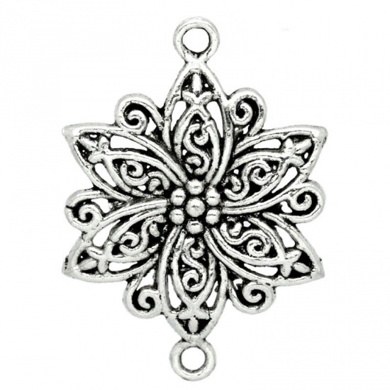 Picture of Filigree Stamping Connectors Findings Flower Antique Silver Hollow 40mm x 28mm, 20 PCs