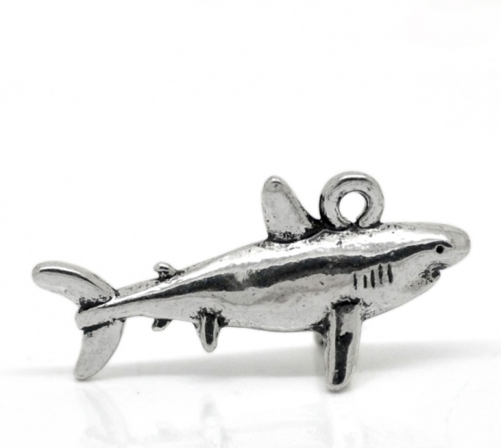 Picture of 20PCs Antique Silver Shark Animal Charm Pendants 26x13mm(1"x4/8")