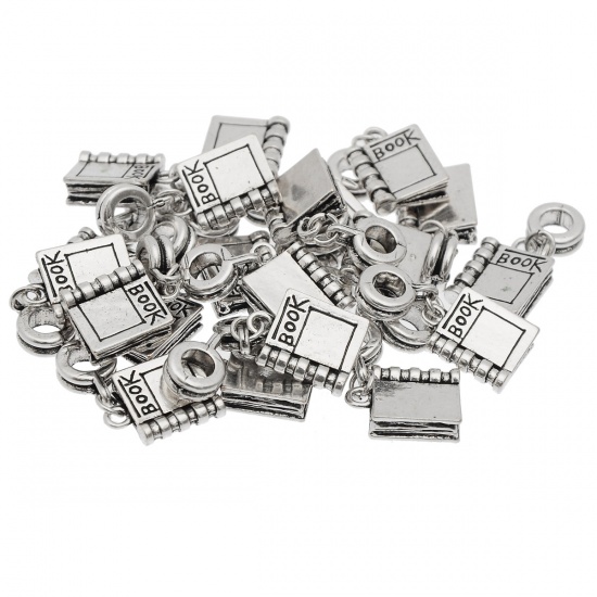 Picture of Graduation Jewelry Zinc Based Alloy European Style Large Hole Charm Beads Book Antique Silver Message "BOOK" Carved About 28mm x 11mm, Hole: Approx 4.5mm, 20 PCs