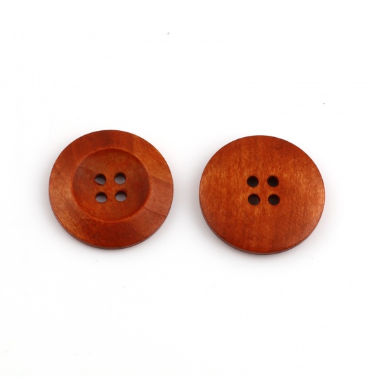 Picture of Wood Sewing Buttons Scrapbooking 4 Holes Round Coffee 3cm(1 1/8") Dia, 50 PCs