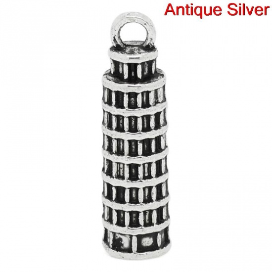Picture of Zinc Based Alloy Travel Charms Leaning Tower of Pisa Antique Silver 26mm(1") x 7mm( 2/8"), 10 PCs