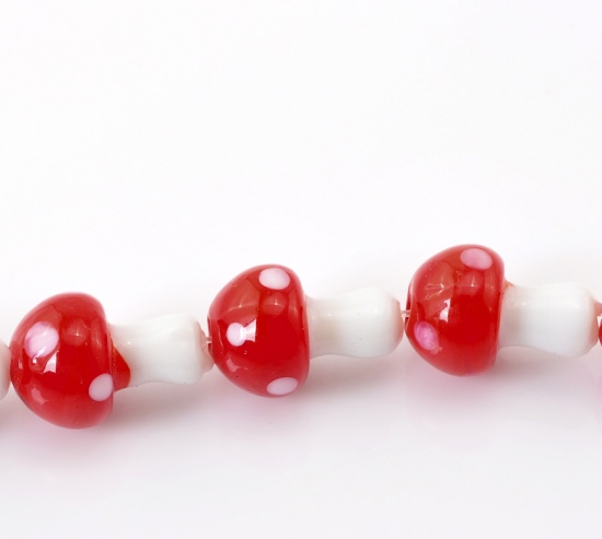 Picture of Lampwork Glass Beads Mushroom White & Red Dyed About 18mm x 12mm, Hole: Approx 2mm, 36cm(14 1/8") long, 2 Strands (Approx 20 PCs/Strand)