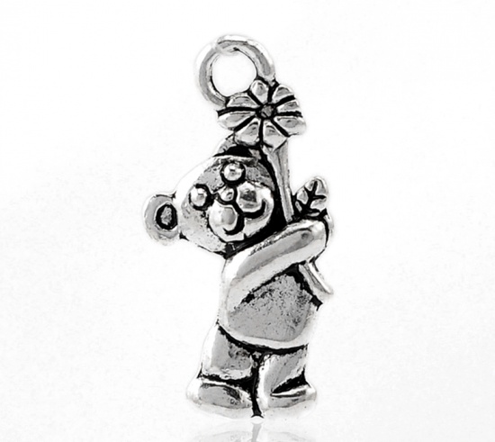 Picture of Zinc Metal Alloy Charm Pendants Bear Animal Antique Silver Flower Carved 19mm( 6/8") x 9mm( 3/8"), 100 PCs
