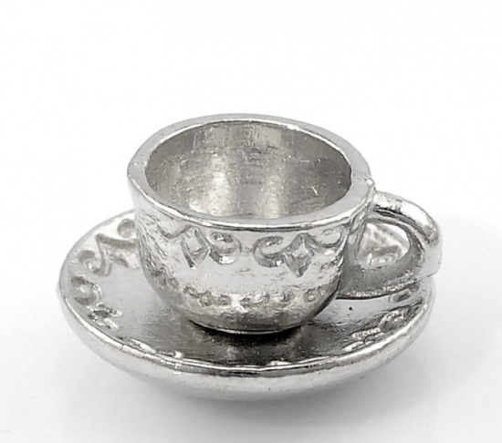 Picture of Zinc Metal Alloy 3D Tableware Charms Cup & Saucer Silver Tone 14mm( 4/8") x 8mm( 3/8"), 100 PCs