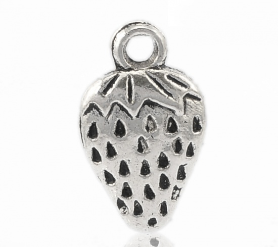 Picture of Zinc Based Alloy Charms Strawberry Fruit Antique Silver 17mm( 5/8") x 10mm( 3/8"), 40 PCs