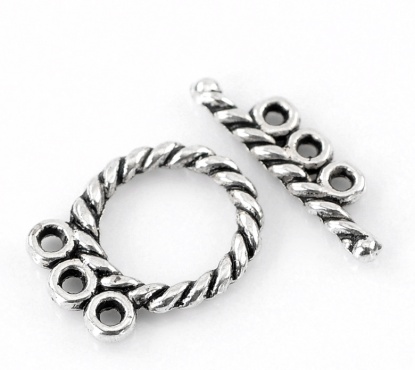 Picture of Zinc Based Alloy Toggle Clasps Round Antique Silver Stripe Carved 16mm x 12mm 18mm x 5mm, 30 Sets
