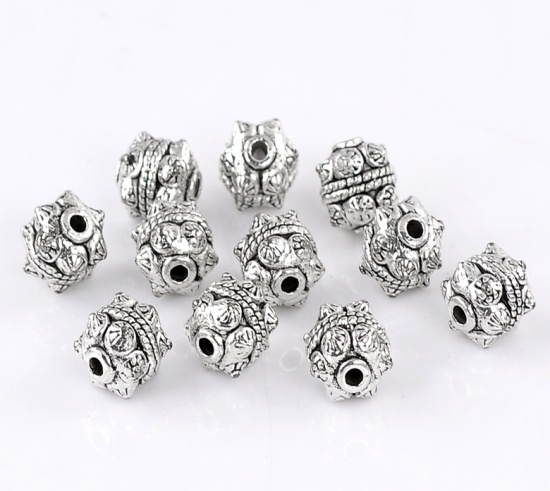 Picture of Zinc Based Alloy Spacer Beads Cylinder Antique Silver Pattern Carved About 11mm x 10mm, Hole:Approx 2mm, 20 PCs