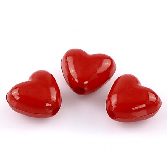 Picture of Acrylic Opaque Beads Heart Red Polished About 11mm x 10mm, Hole: Approx 2mm, 50 PCs