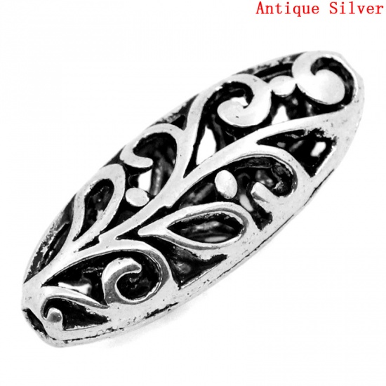 Picture of Zinc Based Alloy Spacer Beads Oval Antique Silver Flower Hollow Carved About 23mm x 10mm, Hole:Approx 1.5mm, 20 PCs