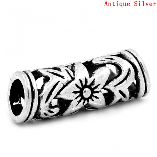Picture of Zinc Metal Alloy European Style Large Hole Charm Beads Cylinder Antique Silver Flower Hollow Carved About 22mm x 8mm, Hole: Approx 5mm, 30 PCs