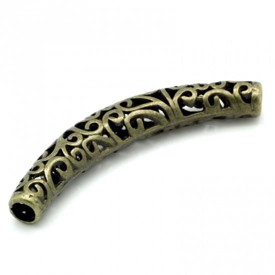 Image de Perle en Alliage de Zinc Tube Courbé Bronze Antique Filigrane 66mm x 11mm, Taille de Trou: 5.6mm, 5 PCs