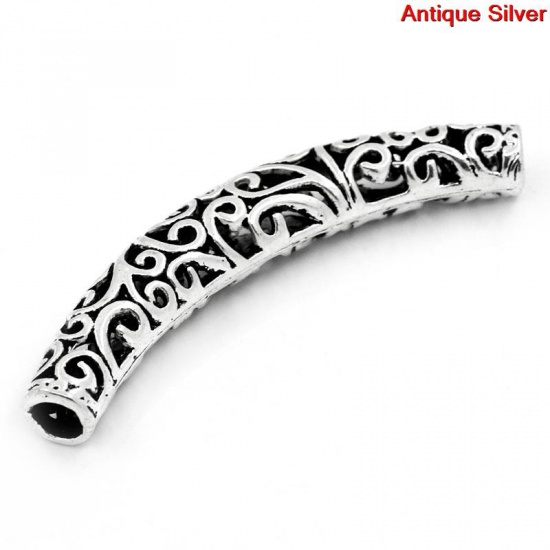 Picture of Zinc Based Alloy Spacer Beads Curved Tube Antique Silver Flower Hollow Carved About 66mm x 12mm, Hole:Approx 6mm, 5 PCs