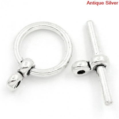 Picture of Zinc Based Alloy Toggle Clasps Round Antique Silver Color 17mm x 12mm 20mm x 8mm, 50 Sets