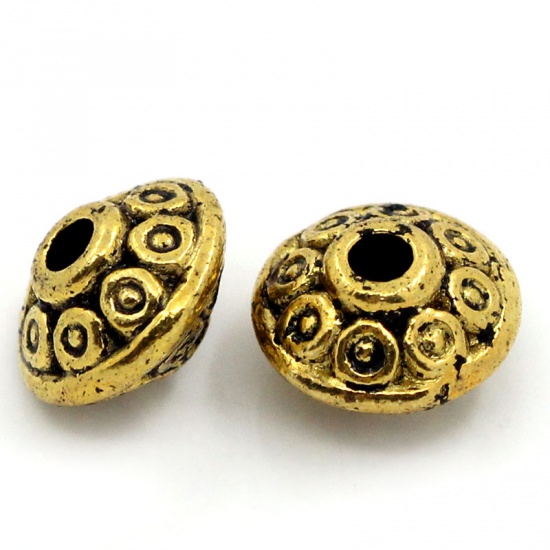 Picture of Zinc Based Alloy Spacer Beads Bicone Flying Saucer Gold Tone Antique Gold Carved About 6.5mm Dia, Hole:Approx 1mm, 200 PCs