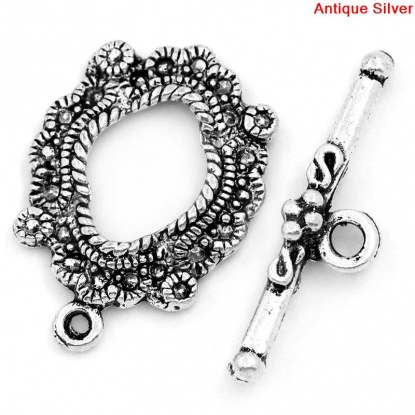 Picture of Zinc Based Alloy Toggle Clasps Round Antique Silver Flower Carved 24mm x 17mm 26.5mm x 7mm, 30 Sets