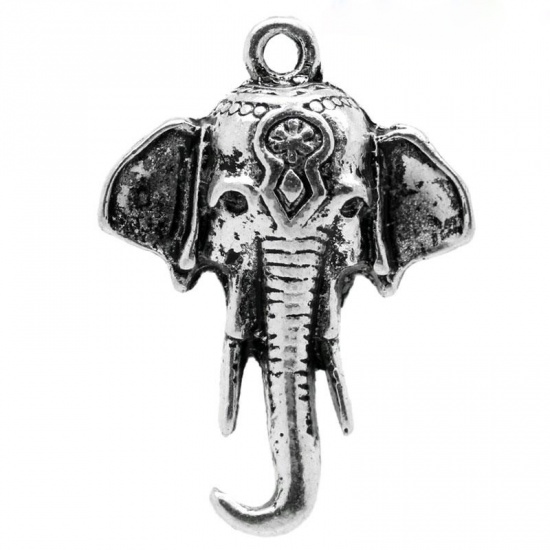 Picture of Zinc Metal Alloy Charm Pendants Elephant Head Animal Antique Silver 25mm(1") x 18mm( 6/8"), 30 PCs