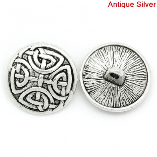 Picture of Zinc Based Alloy Metal Sewing Shank Buttons Round Antique Silver Knot Carved 17mm( 5/8") Dia, 30 PCs