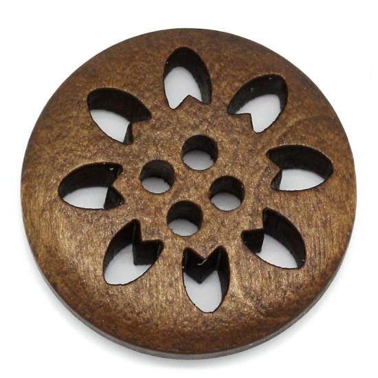 Picture of Wood Sewing Buttons Scrapbooking 4 Holes Round Brown Christmas Snowflake Carved 25mm(1") Dia, 500 PCs
