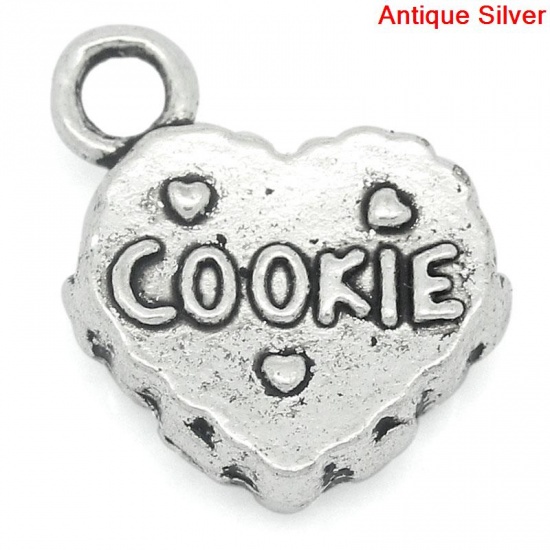 Picture of Charm Pendants Love Heart Antique Silver Color "COOKIE" Carved 13x14mm,30PCs