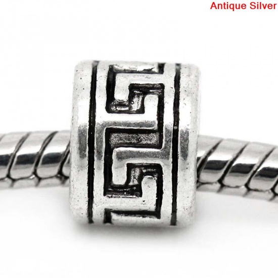 Picture of Zinc Metal Alloy European Style Large Hole Charm Beads Cylinder Antique Silver Pattern Carved About 8.5mm x 6.5mm, Hole: Approx 5mm, 50 PCs