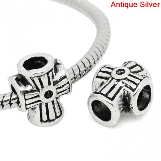 Picture of Zinc Metal Alloy European Style Large Hole Charm Beads Cross Antique Silver Inlaid Diamonds About 12mm x 10mm, Hole: Approx 4.5mm, 50 PCs