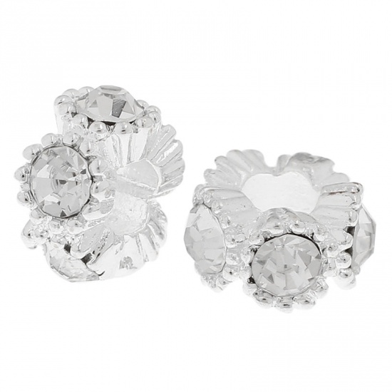 Picture of Zinc Metal Alloy European Style Large Hole Charm Beads Round Silver Plated Clear Rhinestone 13mm Dia, Hole: Approx 5.2mm, 10 PCs