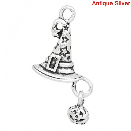 Picture of Zinc Based Alloy Charms Halloween Wizard Hat Pumpkin Antique Silver Star Carved 26mm x 14mm(1"x 4/8"), 20 PCs