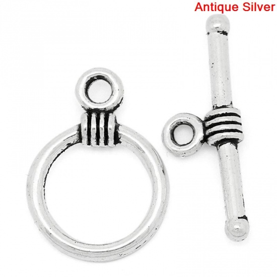 Picture of Zinc Based Alloy Toggle Clasps Round Antique Silver 11mm x 16mm 19mm x 6mm, 100 Sets