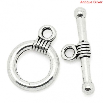 Picture of Zinc Based Alloy Toggle Clasps Round Antique Silver 15mm x 11mm 20mm x 6mm, 50 Sets