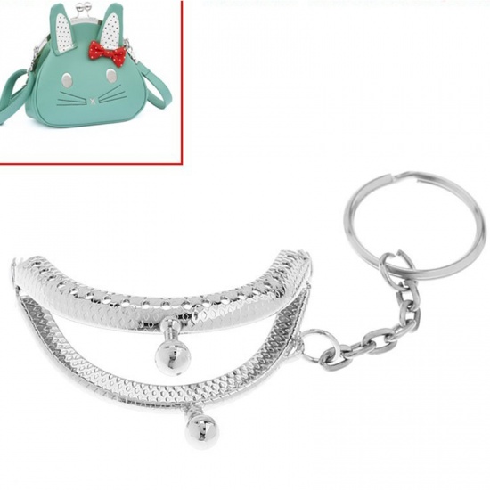 Picture of Iron Based Alloy Keychain & Keyring Kiss Clasp Lock Purse Frame Arch Silver Tone Ball 5.2x4.2cm(2" x1 5/8"), Open Size: 7.9x5.2cm(3 1/8" x2"), 25 PCs