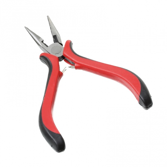 Picture of Stainless Steel Short Needle Nose Pliers Jewelry Making Hand Tools Wire Cutter Serrated Inner Surface Black & Red 13cm(5 1/8"),1 Piece