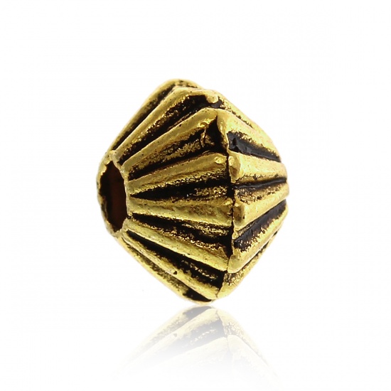 Picture of Zinc Based Alloy Spacer Beads Bicone Gold Tone Antique Gold Stripe Carved About 5mm x 4mm, Hole:Approx 1mm, 500 PCs