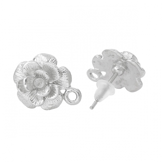 Bild von Zinklegierung Ohrringe mit Ohrstopper Blumen Silberfarbe 15mm x 14mm, Drahtstärke: (19 gauge), 50 Stück